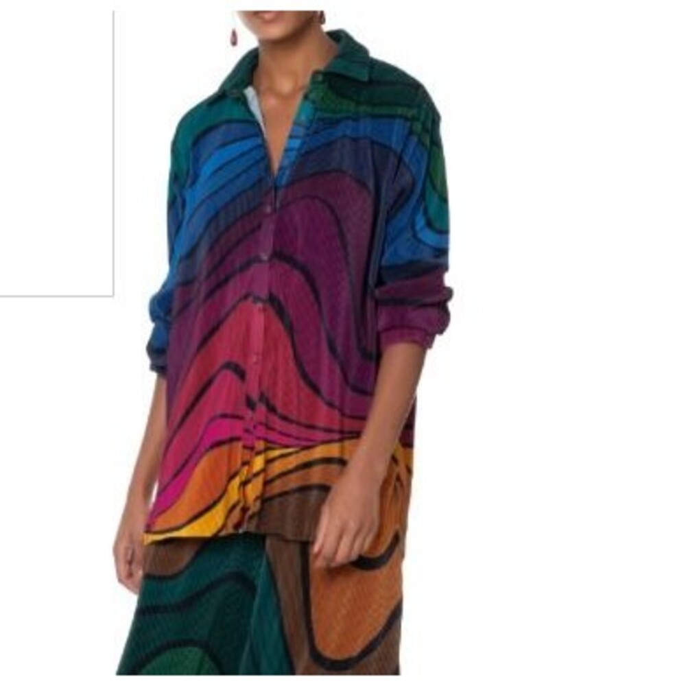 FARM Rio Women's Pleated "Color Wave" Rainbow Button Shirt - Size 6 Medium
